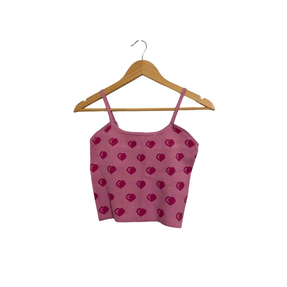 Pink Heart-Print Spaghetti Strap Crop Top